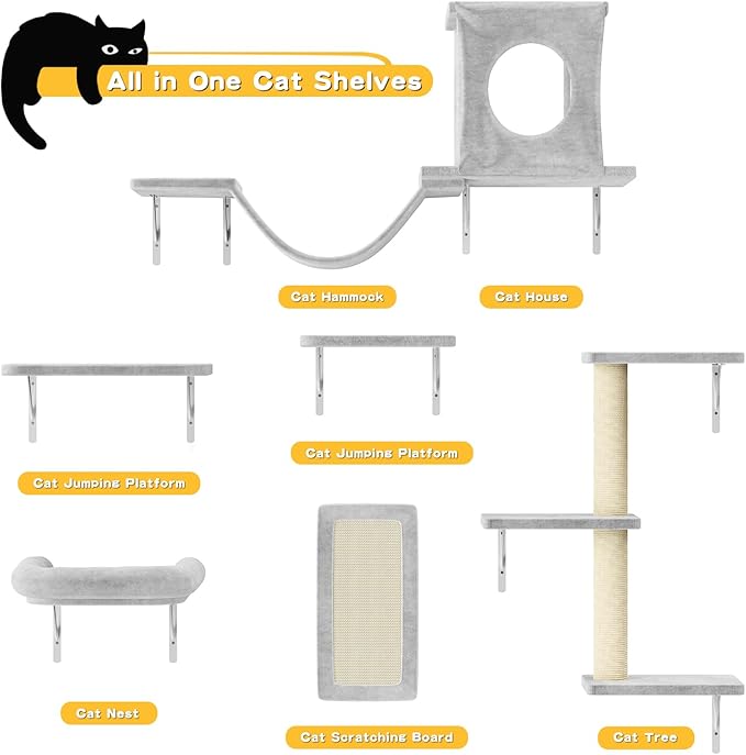 NUNU LAB Cat Wall Shelves, 6 Pcs Luxury Wall-Mounted Cat Climber Set, Indoor Cat Furniture with 1 Condos House, 2 Cat Wall Shelves, 1 Scratching, 1 Bridge Ladder, 1 Scratching Pad, Light Grey - Image 3