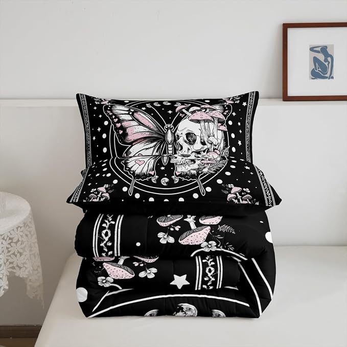 Gothic Skull Moth Comforter Sets Full Size,Boho Starry Moon Galaxy Bedding Comforter for Kids Girls Boys,Mushmoon Flowers Leaves Quilt Sets for Bedroom Decor,Duvet Insert,2 Pillowcase,Black Pink - Image 7