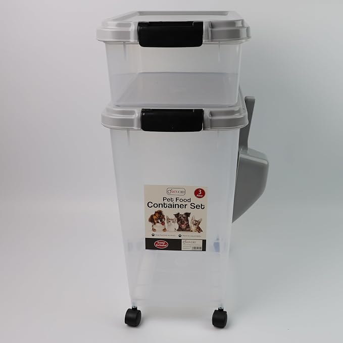 DIVCHI 3-Piece Airtight Pet Food Storage Container With Plastic Measuring Scoop Treats For Pet Dog Cat Animal Dry Food Dispenser With Casters Wheels (GREY) - Image 6