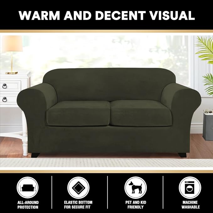 PrinceDeco Velvet Couch Cover Loveseat Covers for 2 Cushion Couch 3 Piece Sofa Covers for Dogs Washable Loveseat Covers Width Up to 72 Inch No Slip Stretch Sofa Slipcover(Medium, Olive) - Image 6