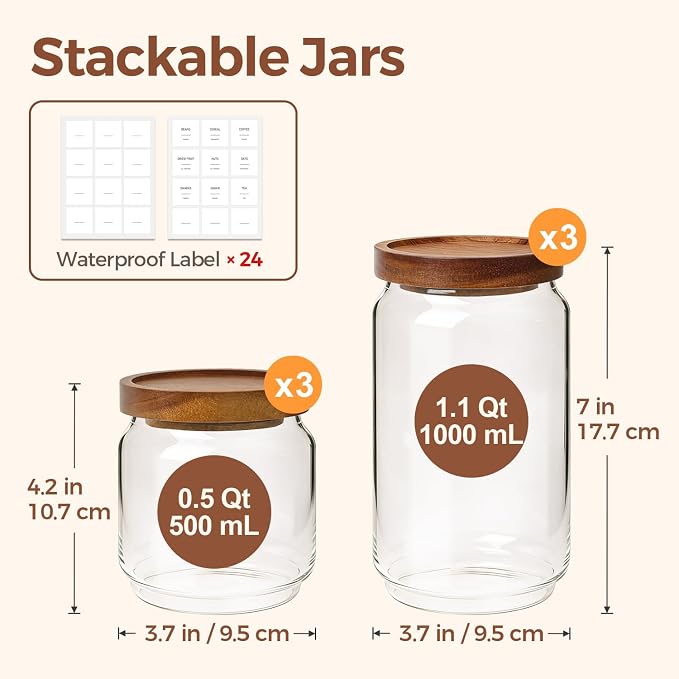 ComSaf Glass Pantry Storage Container with Acacia Wood Lids 1.1/0.5Qt 6Pack | Food Canister for Cooks, Oats Coffee Sugar Nuts Snacks Tea Candy, Pantry Kitchen Living Room, Stacked Design, Jar with Labels - Image 2