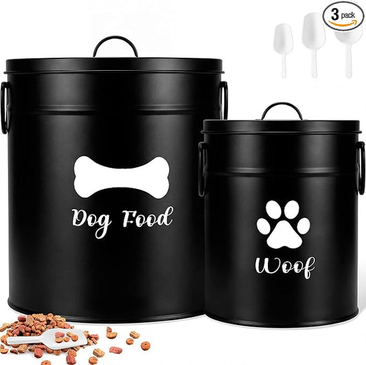 DoubleFill Extra Large 23+10 lb Metal Dog Food Storage Containers Set of 2 Black Airtight Dog Treat Snack Jars with Lids and Spoon Farm House Style Big Pet Cookie Jar for Kitchen Counter Gift by DoubleFill
