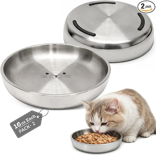 Stainless Steel Cat Food Bowl, 16 oz / 2 Cup Each, Heavy Duty Double Wall Insulated, Shallow Whisker-Friendly Design, Non-Slip Flat Base Dish for Cats & Kittens, D/W Safe (Pack of 2) by AASPIREPETS
