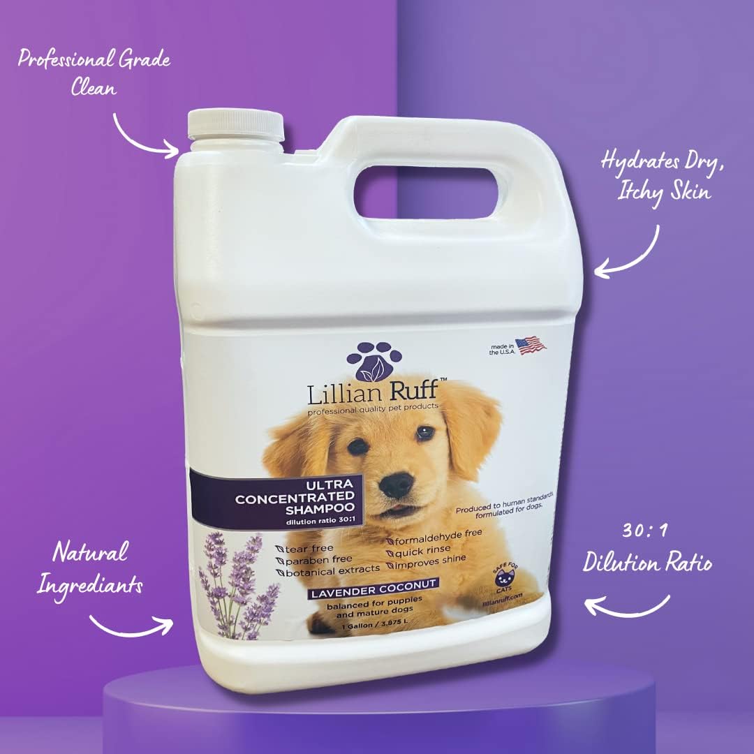 Lillian Ruff High Concentrate Professional Grooming Shampoo for Dogs with Hydrating Essential Oils – 30:1 Concentration for Bathing System - Clean, Condition, & Deodorize Dry Sensitive Skin (Gallon)