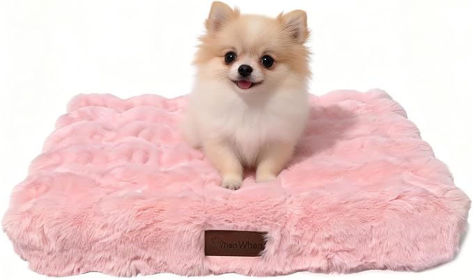 Orthopedic Dog Beds for Small Dogs, Fluffy Faux Rabbit Fur Pet Bed with Removable Washable Cover, Dog Bed Mat with Egg Crate Foam & Waterproof Lining, Anti Slip Bottom, Pink,23"x18"x3" by VhenWhen