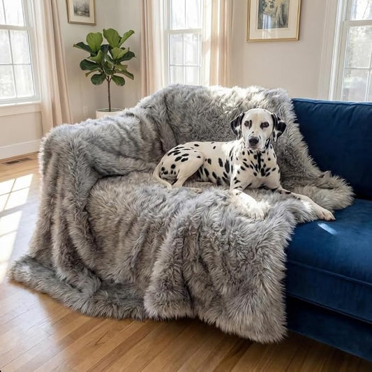 IHAPPYDOG Faux Fur Dog Blanket, Waterproof Couch Cover, Grey 80"x60" | Plush Sheepskin Style Pet Throw for Sofa, Bed, and Car, Washable Furniture Cover that Protects From Fur and Spills by iHappyDog