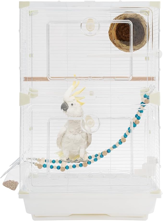 2-Door Wrought Iron Bird Cage Parakeet Cage with Handles, Parrot Cage Pet Birds Flight Cage, 360° View Interactive Birdcages Bird House Travel Cages for 1-3 Birds (25" H, Transparent-B) - Image 3