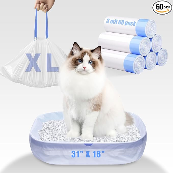 60 Pack Large litter box liners - 3MIL Extra Thick Leakproof Litter Box Liners, 31"x18" Heavy Duty Drawstring Cat Litter Liners, Odor Control Disposable Kitty Litter Bags 6 Roll by Fronip