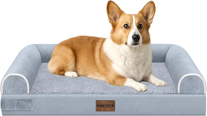 NANUYA Orthopedic Dog Bed for Medium Dogs, 30 x 20 Inch, Light Grey | Egg crate foam for joint support, 3-sided bolster pet sofa, waterproof lining, washable cover, and non-skid base by Nanuya