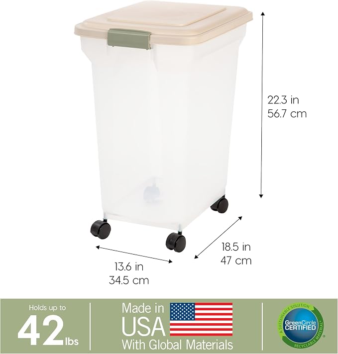 IRIS USA Airtight Dog Food Storage Container, WeatherPro, Up to 40 lbs, Removable Wheels, for Dog Cat Bird and Other Pet Food Storage Bin, Keep Fresh, Translucent Body, Made in USA, Clear/Almond - Image 3