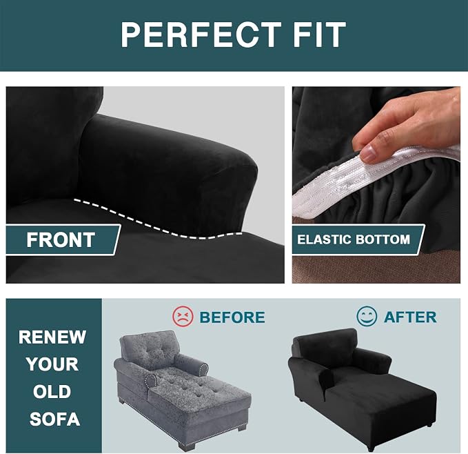 FantasDecor Velvet Chaise Lounge Cover Stretch Double Arm Chair Slipcover for Living Room Bedroom Soft Plush Fabric Machine Washable, Black - Image 6