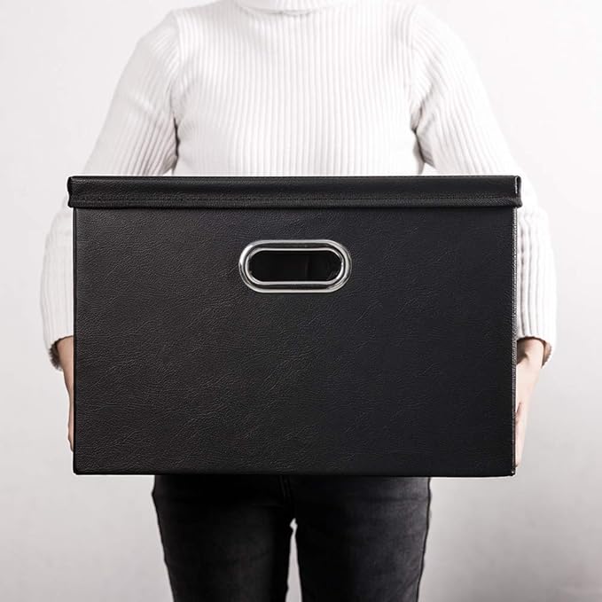 PRANDOM Large Collapsible Storage Bin with Lid [1-Pack] Leather Fabric Foldable Storage Box Organizer Containes Basket Cube with Cover for Home Bedroom Closet Office Nursery Black (17.7x11.8x11.8) - Image 7
