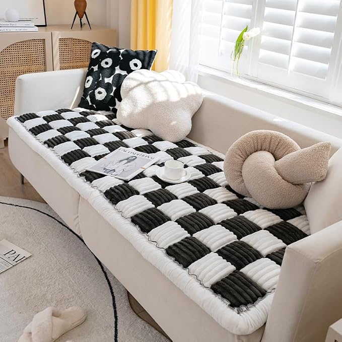Yoovat Funny Pet Couch Covers for Sofa Plush Checker Plaid Sofa Covers for Pets Washable 3 Cushion Couch Sofa Mat Friendly (Cream Black, 60x160 cm/23.6x63 in) by YoovatCouchCushionCovers