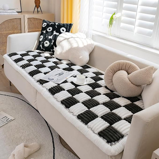 Yoovat Funny Pet Couch Covers for Sofa Plush Checker Plaid Sofa Covers for Pets Washable 3 Cushion Couch Sofa Mat Friendly (Cream Black, 60x160 cm/23.6x63 in) by YoovatCouchCushionCovers