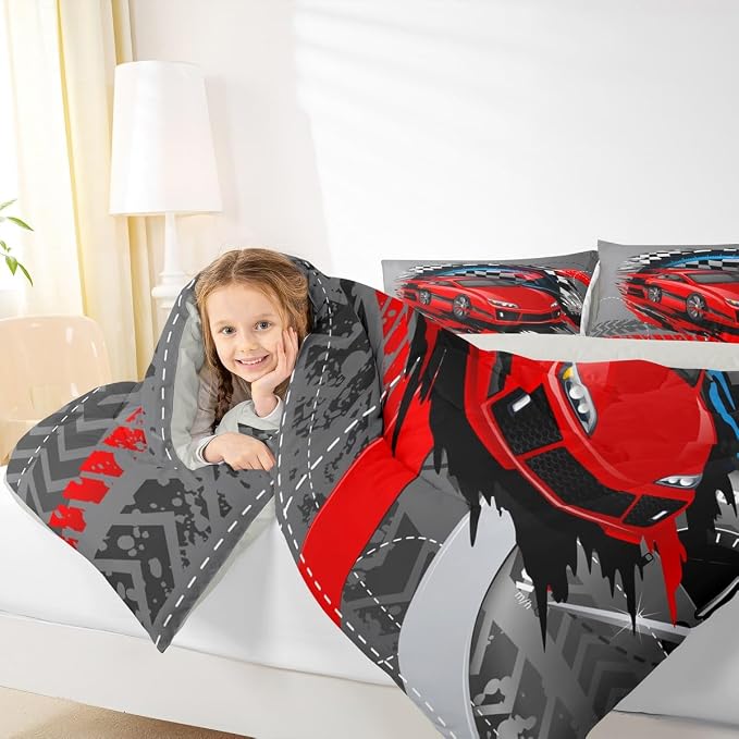 Homewish Sports Car Comforter Set Queen,Red Race Car Extreme Sport Bedding Set 3pcs for Kids Teens Boys,Competitive Gaming Duvet Insert Set Black White Grid Quilted Duvet Set with 2 Pillowcases,Grey - Image 3