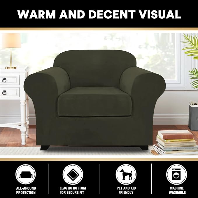 PrinceDeco Velvet Plush Couch Cover Stretch 2 Piece Chair Cover Chair Slipcover Washable Furniture Protector Couch Soft with Elastic Bottom Armchair Cover Width Up to 49 Inch(Small, Olive) - Image 6