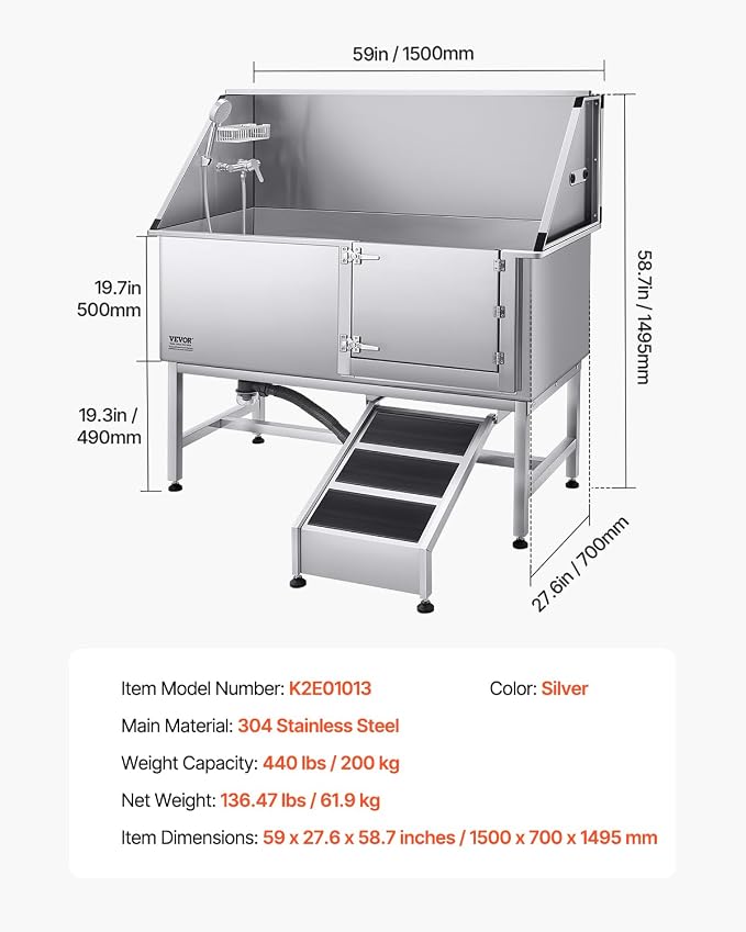 VEVOR Stainless Steel Dog Washing Station, Professional 62 inch Pet Grooming Tub w/Ramp, PE Water Filter Board, Faucet & Showerhead & Soap Holder Bathtub for Large & Medium & Small Pets (Right Door) - Image 7