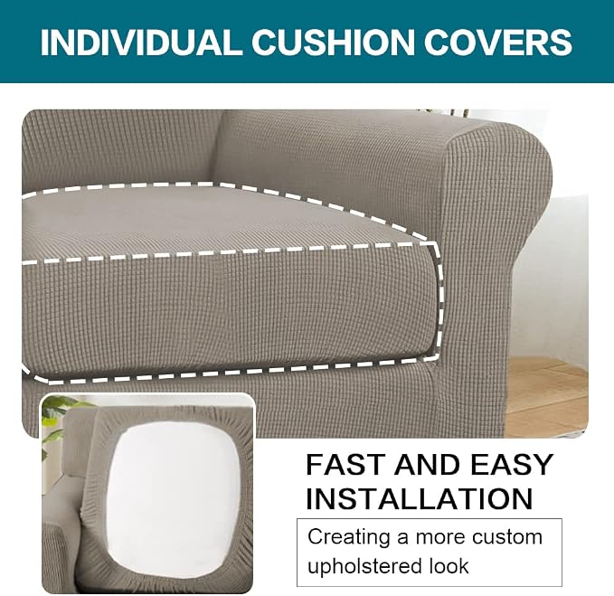 Turquoize 2 Piece Chair Covers Chair Slipcovers for Living Room Armchair Couch Cover Chair Sofa Cover with Individual Cushion Covers Furniture Cover for Chairs Feature Thick Fabric (Chair, Taupe) - Image 5