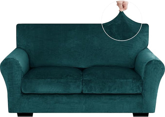 XINEAGE 3-Piece Velvet Loveseat Sofa Cover, Couch Covers for Dog,Dark Green | 2 Cushion Loveseat,Stretch Non-slip Elastic, Pet-friendly, Washable, Fast Setup, Soft Plush Fabric, Furniture Protector. by XINEAGE
