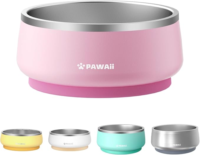 Pawaii Dog Bowl,34 oz Stainless Steel Food and Water Bowl,ID Tag,1 Pack | Double-Wall Design,Non-Slip Rubber Base,Dishwasher Safe,Smooth Open Design, Not a Slow Feeder,Easy-Rinse Interior by Pawaii