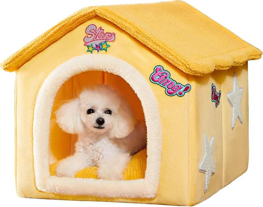 Cat House, Cartoon Cat Cave Bed with Removable Washable Cushion Pillow, Cute Cat Tent, Warm and Soft Chimney Cat House for Dogs Cats Small Animals(L, Yellow) by BOSERMEN