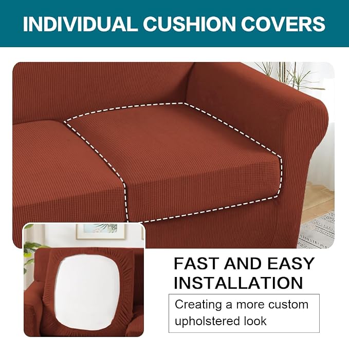 Turquoize 3 Piece Sofa Covers for 2 Cushion Couch Sofa Slipcover Soft Couch Cover for Dogs-Washable Sofa Furniture Covers with 2 Individual Cushion Covers, Thick Jacquard Fabric (Loveseat, Rust) - Image 5