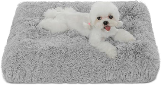 Bedfolks Plush Dog Crate Pad, Washable Faux Fur Bed for Small Dogs & Cats - 17"x12", Light Grey by Bedfolks