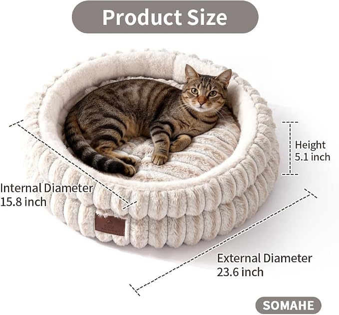 SOMAHE Cat Bed, Round Plush Faux Fur Donut Cuddler – Machine Washable Calming Cat Bed for Indoor Cats & Kittens, Removable Cushion Non-Slip Fluffy Kitten Bed, Cozy Small Cat Nest, 20" Inch White - Image 3