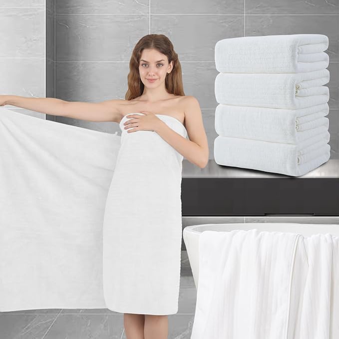 Extra Large Bath Sheet Set of 4,Ultra Soft Fluffy Towel,35”x 70”Oversized Bath Towel Set,Premium Microfiber Bathroom Towel Set Highly Absorbent Quick Dry Shower Towel for Bathroom,Hotel,Spa (White) by JessyHome