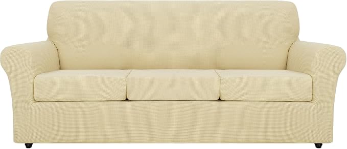MAXIJIN 4 Piece Couch Covers for 3 Cushion Couch Super Stretch Sofa Cover for Dogs Pet Proof Fitted Furniture Protector Spandex Jacquard Non Slip Magic Couch Slipcover Washable (Large, Beige) by MAXIJIN