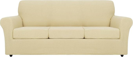 MAXIJIN 4 Piece Couch Covers for 3 Cushion Couch Super Stretch Sofa Cover for Dogs Pet Proof Fitted Furniture Protector Spandex Jacquard Non Slip Magic Couch Slipcover Washable (Large, Beige) by MAXIJIN