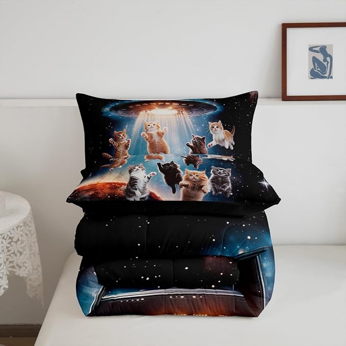Feelyou Cat Comforter Set Outer Space Cute Cats Bedding Set Galaxy Nebula Pet Cats DecorAnimal Comforter Gorgeous Lovely Animals Quilt Collection 3Pcs Full Size Boys - Image 5