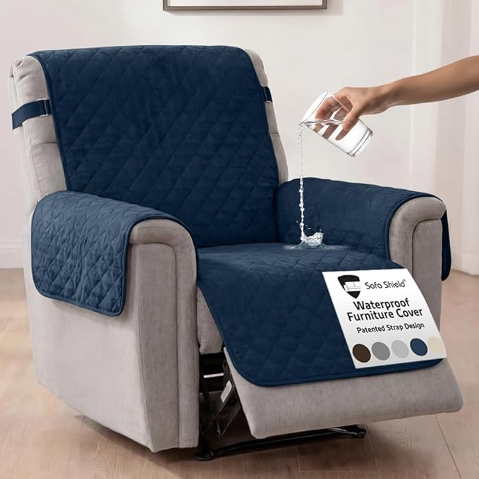 Sofa Shield 100% Waterproof Couch Cover with Patented Straps, Slip & Stain Resistant Furniture Protector, Machine Washable Sofa Slipcover for Dogs Cats Pets Kids, 28 inch Seat, Large Recliner, Navy by SofaShield