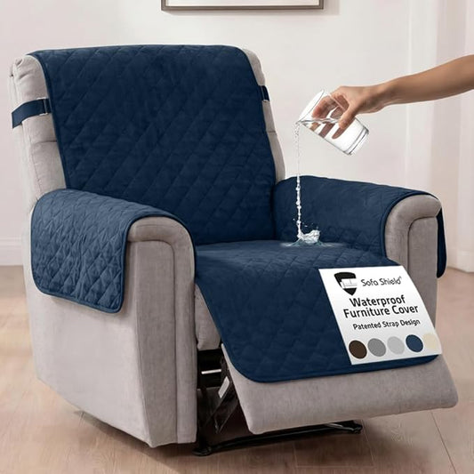 Sofa Shield 100% Waterproof Couch Cover with Patented Straps, Slip & Stain Resistant Furniture Protector, Machine Washable Sofa Slipcover for Dogs Cats Pets Kids, 28 inch Seat, Large Recliner, Navy by SofaShield