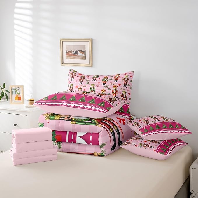 Erosebridal 7 Piece Christmas Nutcracker Kids Comforter Set King Bed in a Bag,Pink Christmas Bedding Set,Christmas Trees Bowknot Decor Sheets,Princess Magical Snowflake Duvet Insert Xmas Ornaments - Image 6