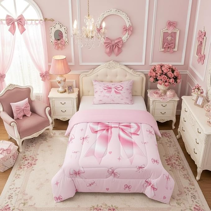 Manfei Pink Bowknot Comforter Set for Kids,Preppy Trendy Kawaii Princess Bedding Set Teens Boys Room Decor,Cute Ribbon Bow Tie Comforter with 1 Pillowcase for All Seasons,Twin by Manfei