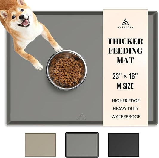 AVERYDAY 100% Waterproof Thicker Silicone Dog Food Mat, 0.63'' Raised Edge Bowl Mat for Food & Water, Non Slip Pet Feeding Placemat for Messy Drinkers, Perfect for Large Medium Small Breeds, 23"x16" by YourAveryDay