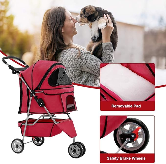 BestPet 3 Wheels Pet Dog Stroller Cat Cage for Medium Small Dogs Cats Travel Folding Carrier Waterproof Puppy Stroller with Cup Holder & Removable Liner,Red