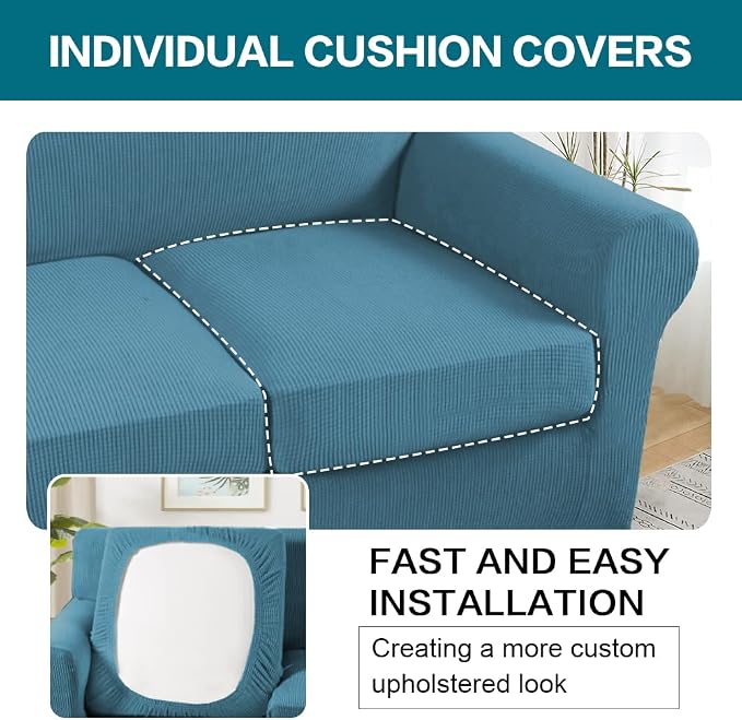 Turquoize 3 Piece Sofa Covers for 2 Cushion Couch Sofa Slipcover Soft Couch Cover for Dogs-Washable Sofa Furniture Covers with 2 Individual Cushion Covers (2 Cushion Sofa, Storm Blue) - Image 5