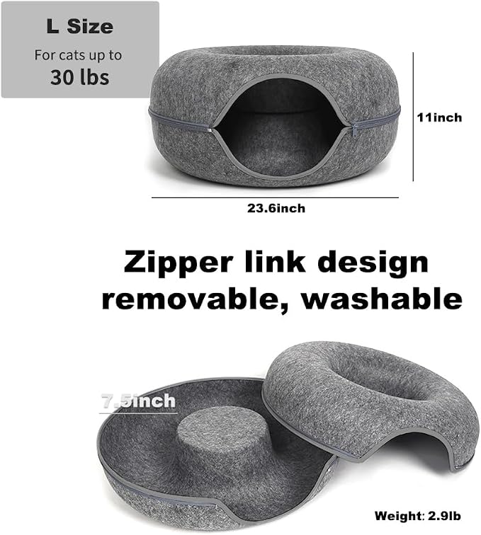 Large Cat Tunnel Bed for Indoor Cats with 3 Toys, Scratch Resistant Donut Cat Bed, Up to 30 Lbs (L 24x24x11, Dark Grey) - Image 2