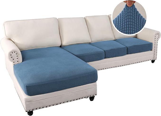 H.VERSAILTEX Sectional Couch Covers 4 Pieces Sofa Seat Cushion Covers L Shape Separate Cushion Couch Chaise Cover for Both Left/Right Sectional Couch (Seat Only: 1 Chaise + 3 Sofa, Dusty Blue) - Image 2