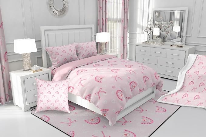 Manfei Pink Love Rainbow Comforter Set Full Size,Princess Bow Ribbon Bow-tie Dreamy Bedding Set 3 Pcs for Teens,Kawaii Hearts Stars Watercolor Comforter,Pink Duvet Insert,2 Pillowcases - Image 7