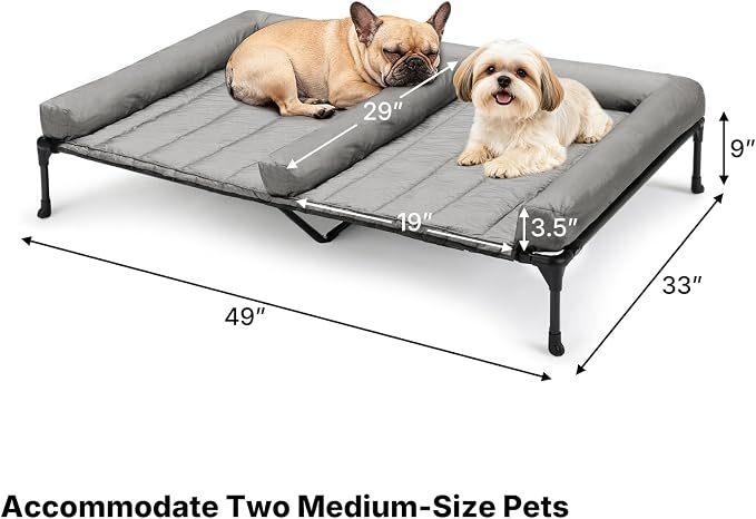 Veehoo Elevated Dog Bed for Two Dogs, Cooling Raised Dog Bed with Removable Waterproof Bolster Mat, 49" x 33" Double Dog Bed, Outdoor & Indoor Pet Cot with Breathable Mesh, Non-Slip Feet, Grey - Image 6