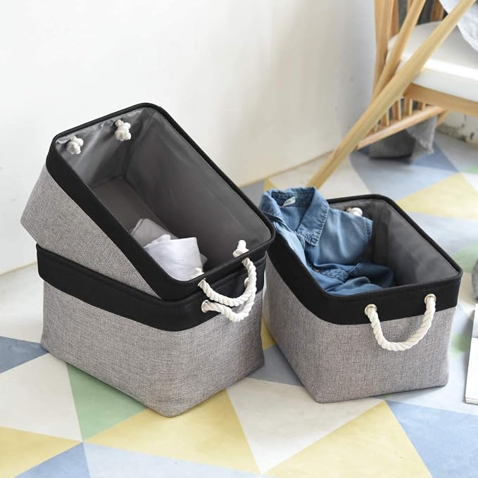 TheWarmHome Collapsible Storage Bin for Shelves - 16x12x8 inch Large 3 Pack Storage Basket for Organizing with Rope, Fabric Storage Cubes for Organizer Toy Cloth Gift Closet (Black & Grey) - Image 5