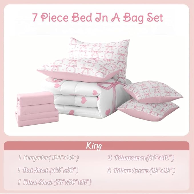 Erosebridal Ribbon Bowknot 7 Piece Comforter Set King Bed in A Bag Girls Love Heart Pink Bows Bedding Set for Women Room Decor Coquette Bow Sheets Valentine Stripe Pink Bows Bowtie Bed Comforter Sets - Image 7