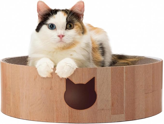 Necoichi Cat Scratcher Bowl for Indoor Cats - Cat Scratching Lounger with Reversible Usability and Extra Comfort for Lounge, Cardboard Bed Couch / (Regular, Oak) by NECOICHI
