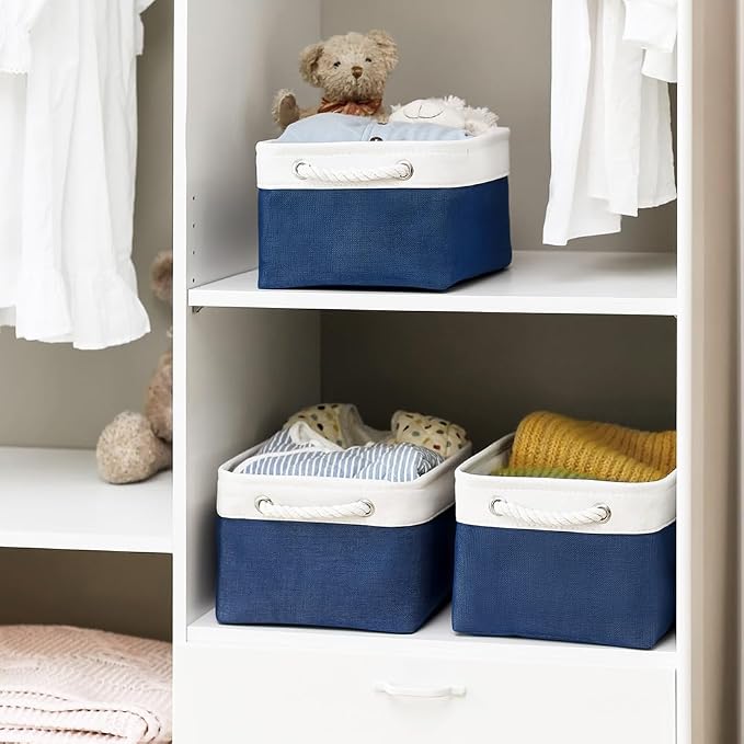 TheWarmHome Storage Basket for Organizing - Medium 3 Pack 14x10x7 inch Fabric Storage Cubes for Shelves with Rope, Collapsible Storage Bin for Organizer Closet Cloth Gift Toy (White & Jean Blue) - Image 3