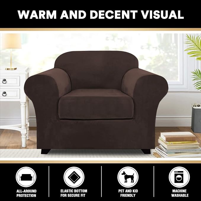 PrinceDeco Velvet Plush Couch Cover Stretch 2 Piece Chair Cover Chair Slipcover Washable Furniture Protector Couch Soft with Elastic Bottom Armchair Cover Width Up to 49 Inch(Small, Brown) - Image 6
