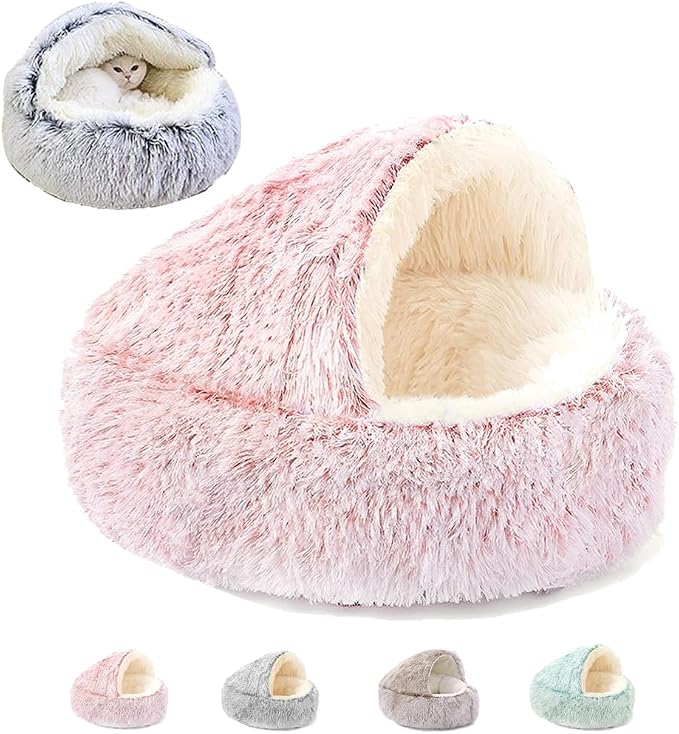 Keep Warm Lapcatz Nest Bed, Cat Bed Round Fluffy Hooded Cat Bed Cave, Anti-Slip Bottom and Machine Washable,Removable Washable Round Beds for Small Medium Pets (Pink,Medium) by Unknown