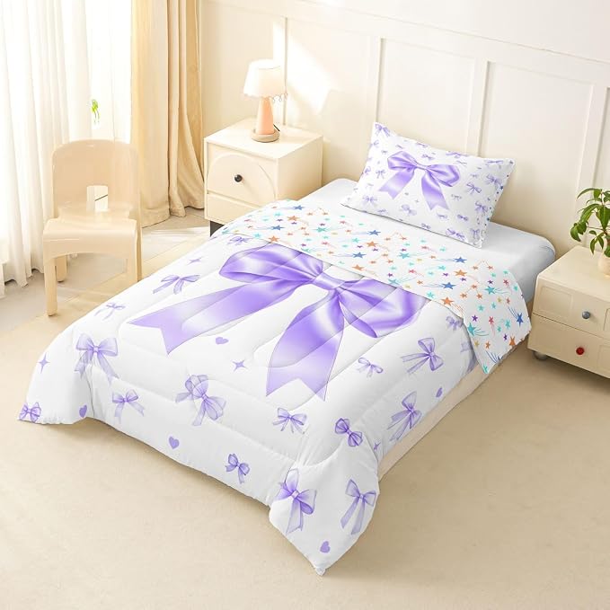 Manfei Purple Bowknot Comforter Set Toddler Size 2 Pcs,Cute Preppy Ribbon Bow Bedding Set,Preppy Trendy Kawaii Coquette Quilt Set for Child Bedroom,Duvet Insert,1 Pillowcase - Image 4